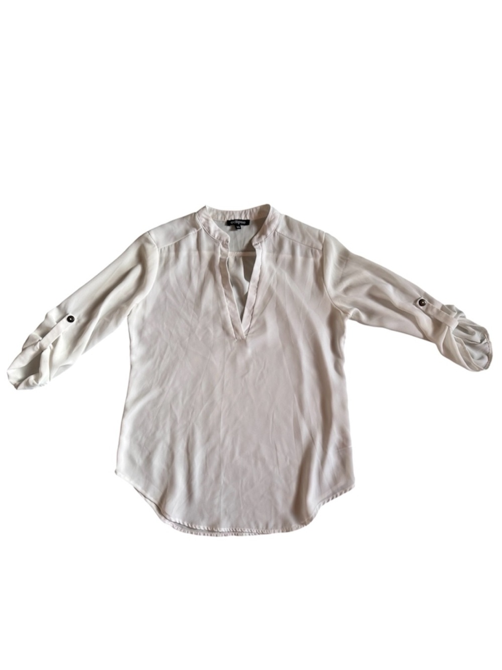 Eclipse Sheer Split Neck Roll-Tab Sleeve Blouse